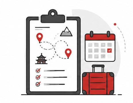dibujo de un plano de recorrido con maletas y calendario
